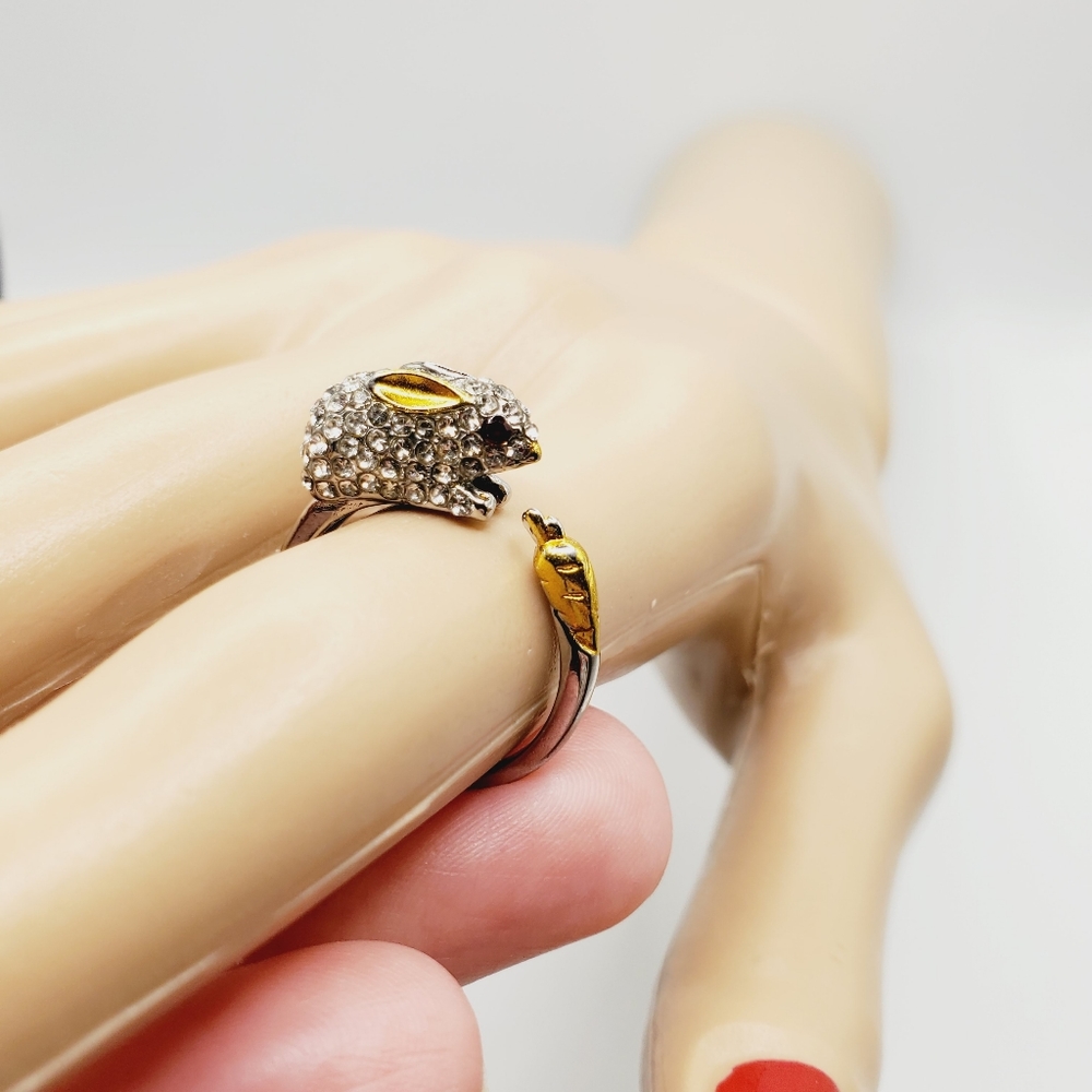 Rabbit bunny crystal ring adjustable sz 7 8 9 new Easter spring carrot 925 - Picture 5 of 12